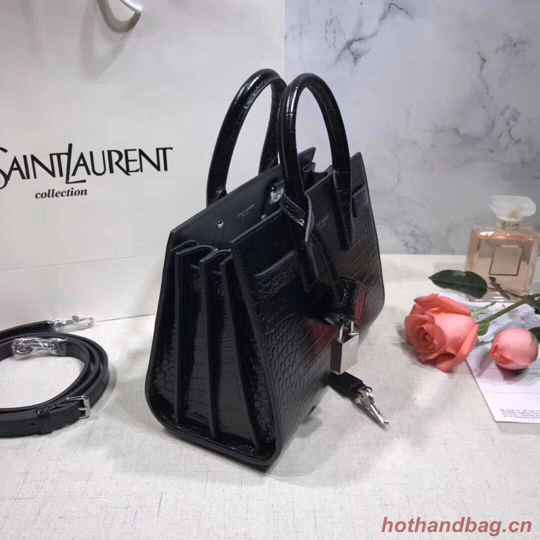 SAINT LAURENT Crocodile-Embossed Leather Organ Bag 392035 Black SAINT LAURENT Crocodile-Embossed Leather Organ Bag 392035 Black