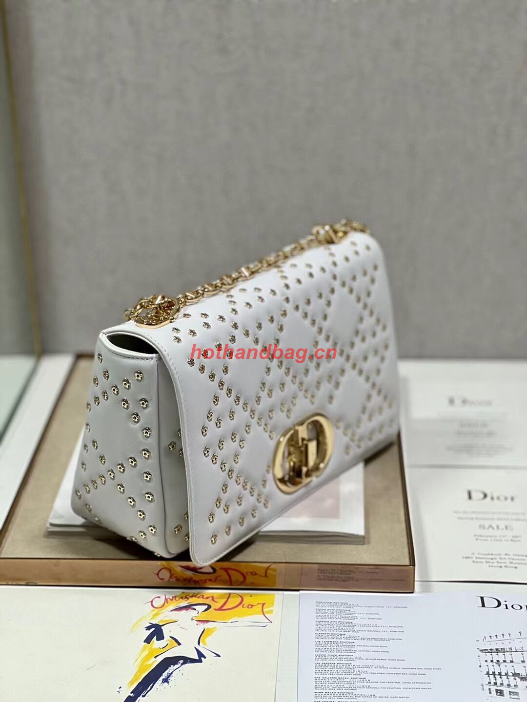 DIOR CARO MACROCANNAGE POUCH Macrocannage Calfskin with Star Motif C3136 white&gold DIOR CARO MACROCANNAGE POUCH Macrocannage Calfskin with Star Motif C3136 white&gold