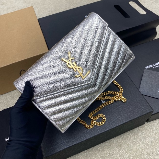 SAINT LAUREN CASSANDRE MATELASSE CHAIN WALLET IN GRAIN DE POUDRE EMBOSSED LEATHER 377828 Silver