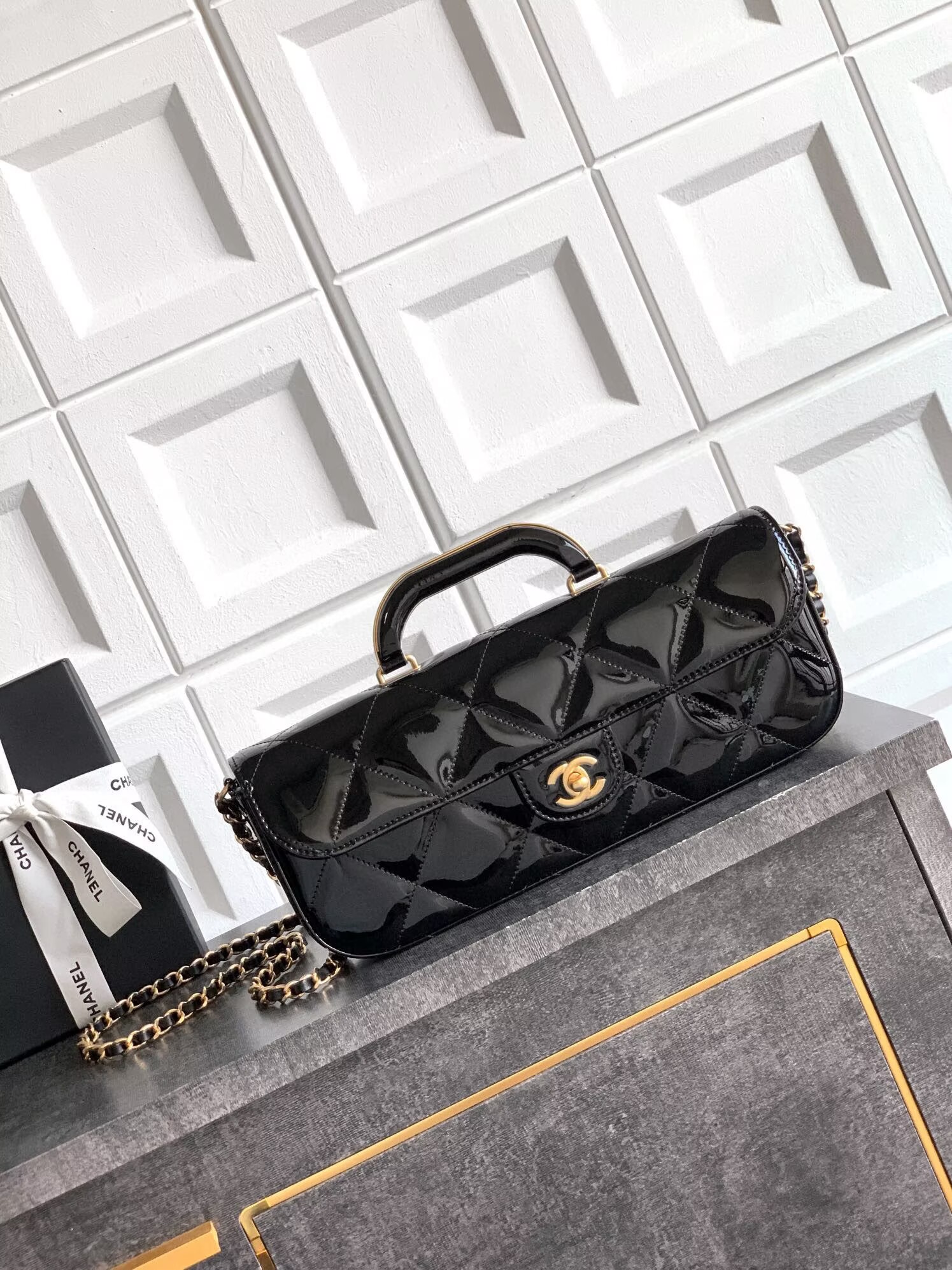 Chanel 25K Original Patent Leather Top Handle Bag A6321 Black