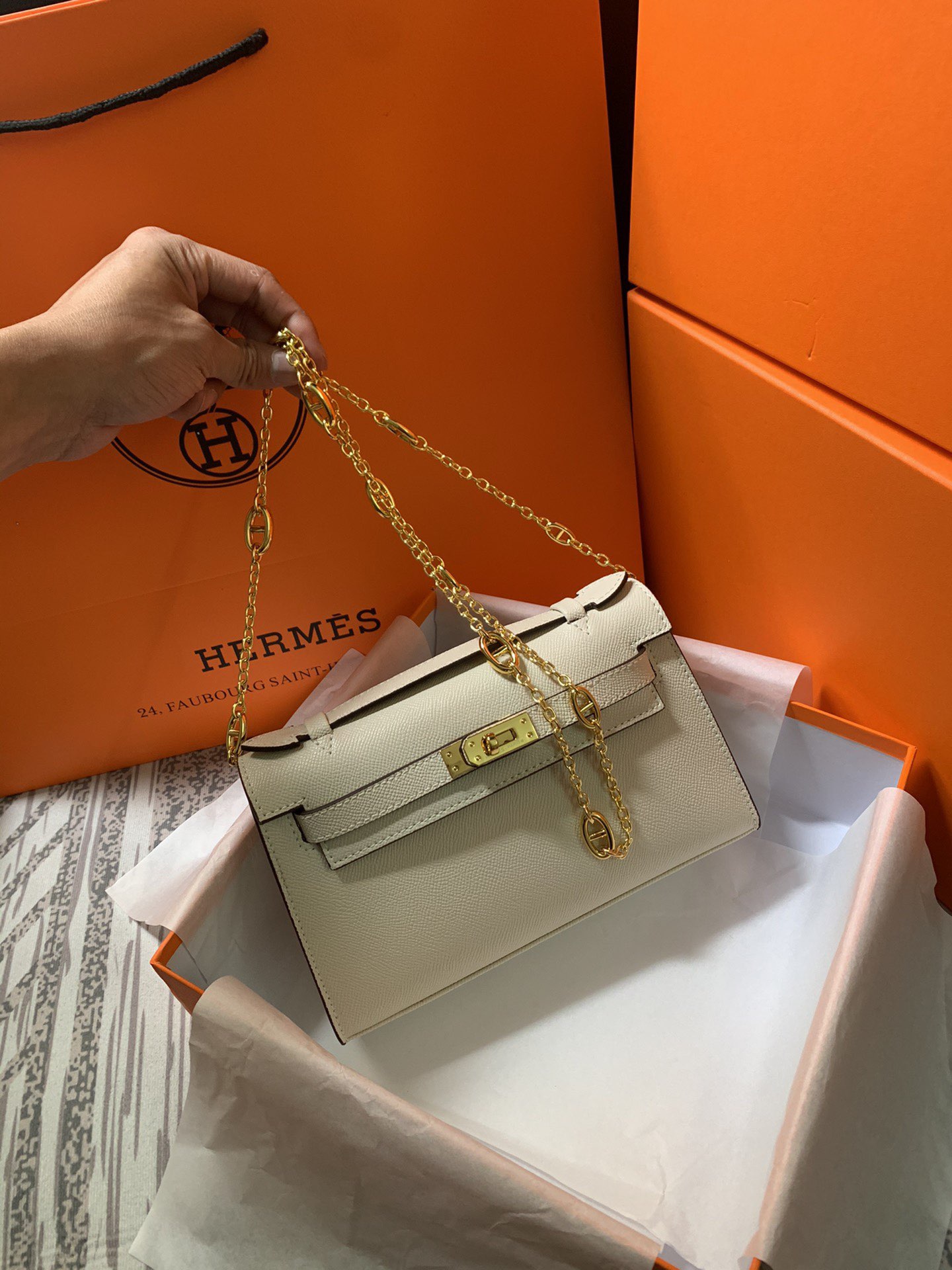 Hermes MINI Kelly 22cm Tote Bag Epsom Leather K22 Cream