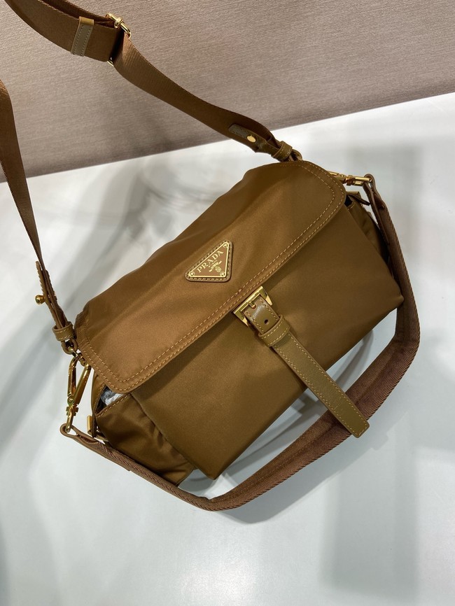 Prada Route medium leather tote bag Re-Nylon 1BD394 camel