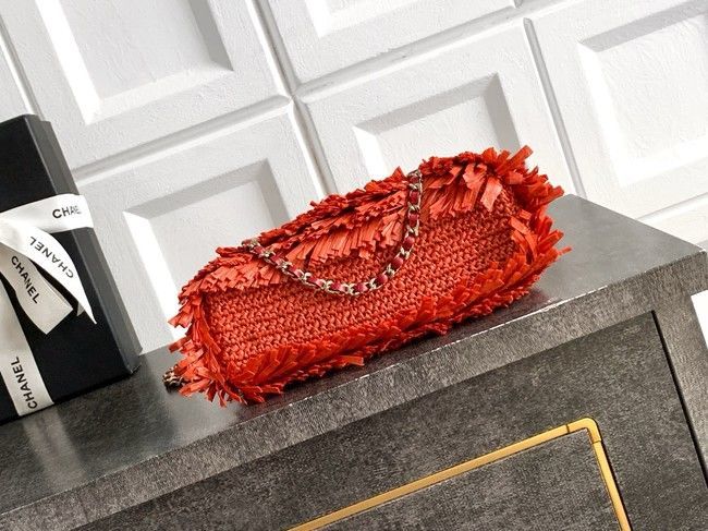 CHANEL Mini Shopping Bag Raffia-Effect Fabric AS4416 orange red