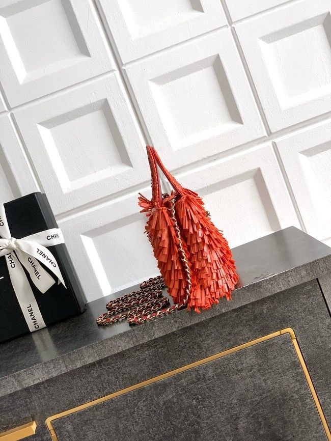 CHANEL Mini Shopping Bag Raffia-Effect Fabric AS4416 orange red