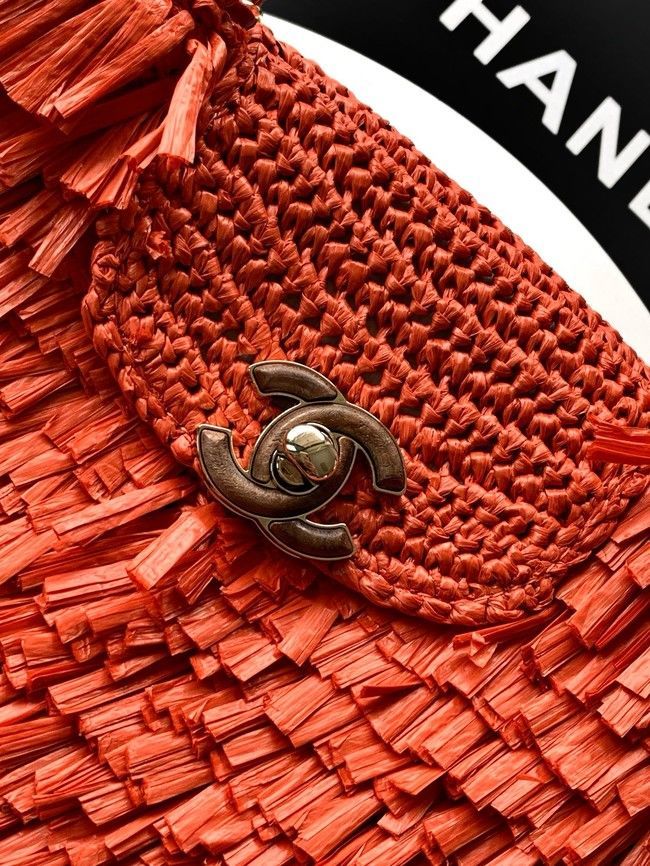 CHANEL Mini Shopping Bag Raffia-Effect Fabric AS4416 orange red