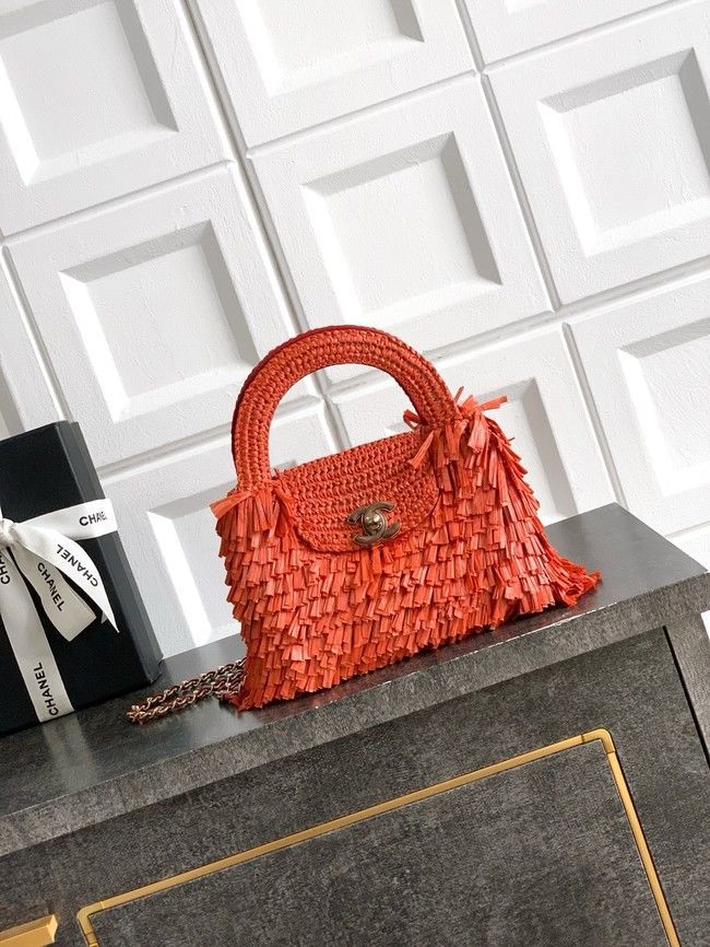 CHANEL Mini Shopping Bag Raffia-Effect Fabric AS4416 orange red