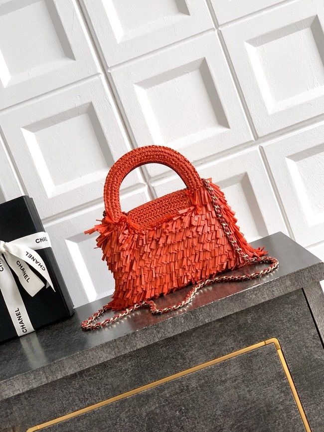 CHANEL Mini Shopping Bag Raffia-Effect Fabric AS4416 orange red