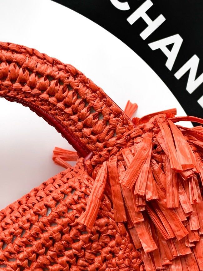 CHANEL Mini Shopping Bag Raffia-Effect Fabric AS4416 orange red