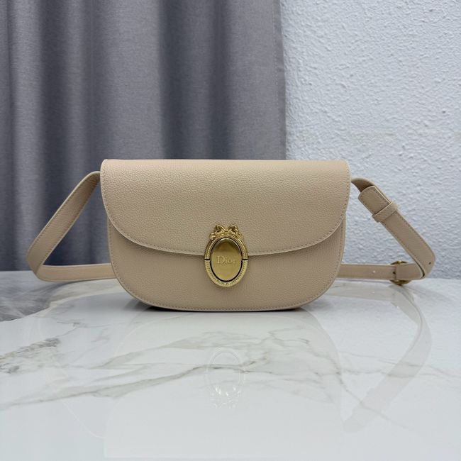 Medium Dior Medaillon Flap Bag Grained Calfskin M3920QD  Apricot