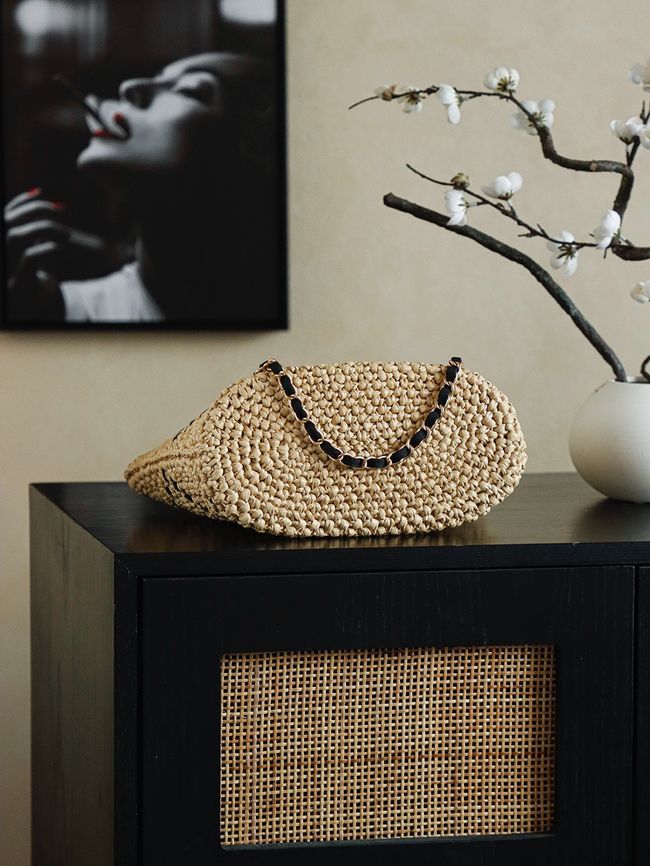 CHANEL Braided Straw Shoulder Bag AS5955 Apricot and black