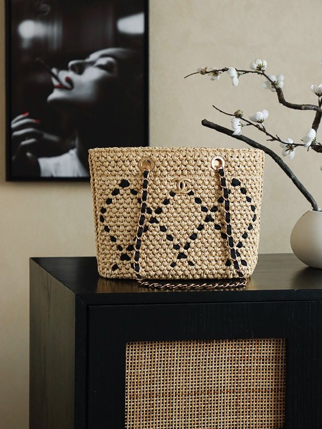 CHANEL Braided Straw Shoulder Bag AS5955 Apricot and black