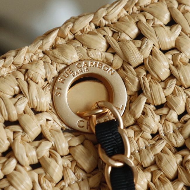 CHANEL Braided Straw Shoulder Bag AS5955 Apricot and black
