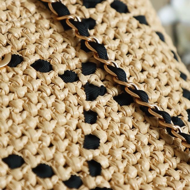 CHANEL Braided Straw Shoulder Bag AS5955 Apricot and black