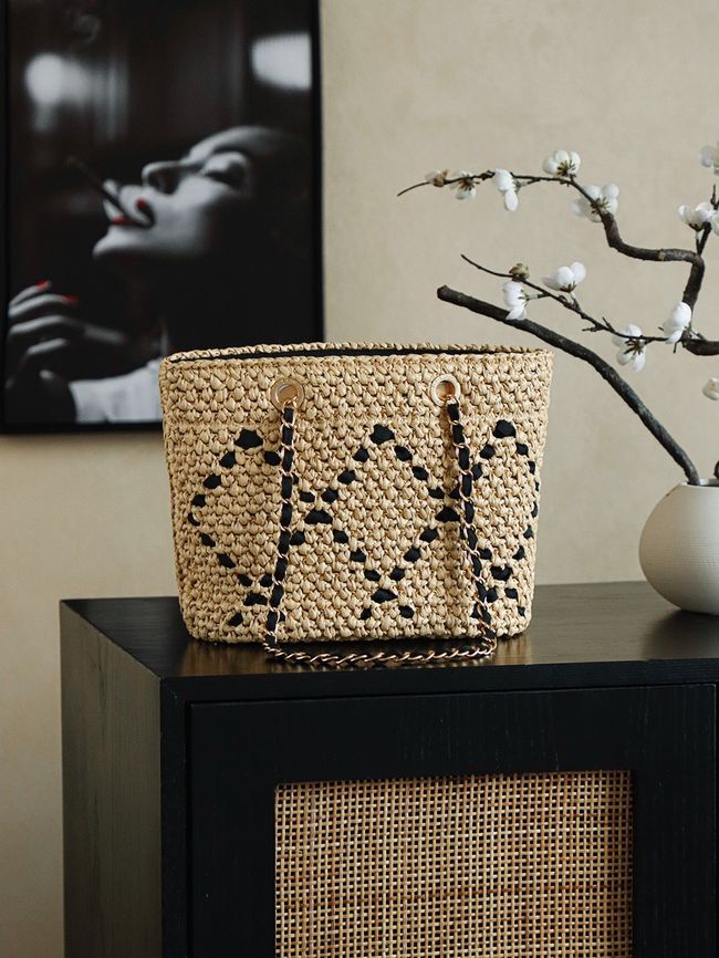 CHANEL Braided Straw Shoulder Bag AS5955 Apricot and black