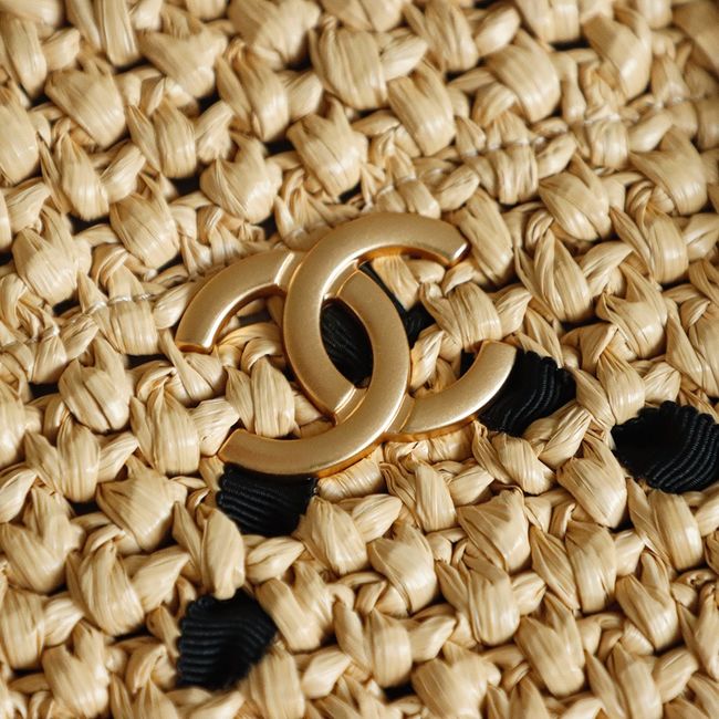 CHANEL Braided Straw Shoulder Bag AS5955 Apricot and black