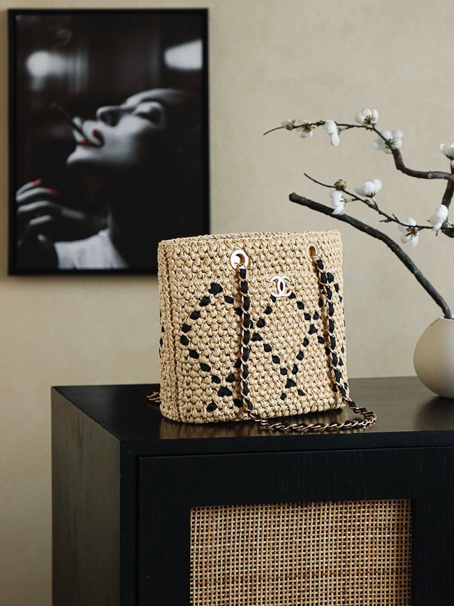 CHANEL Braided Straw Shoulder Bag AS5955 Apricot and black
