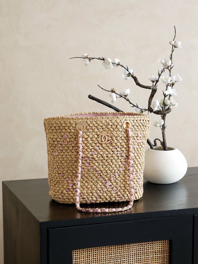 CHANEL Braided Straw Shoulder Bag AS5955 Apricot and pink