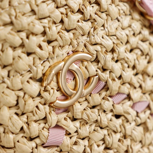 CHANEL Braided Straw Shoulder Bag AS5955 Apricot and pink CHANEL Braided Straw Shoulder Bag AS5955 Apricot and pink