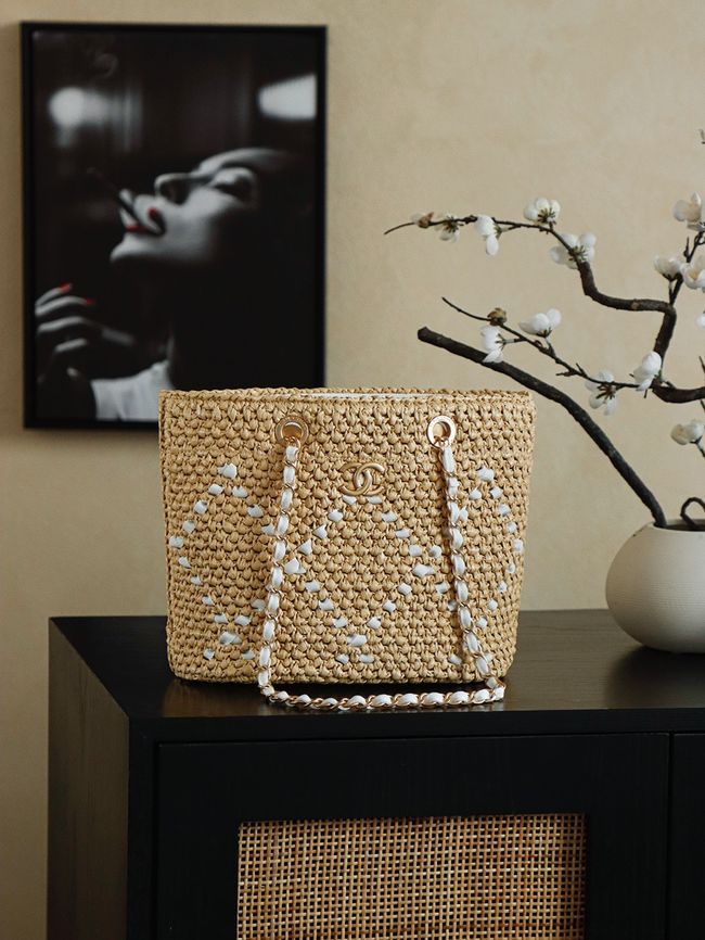CHANEL Braided Straw Shoulder Bag AS5955 Apricot and white