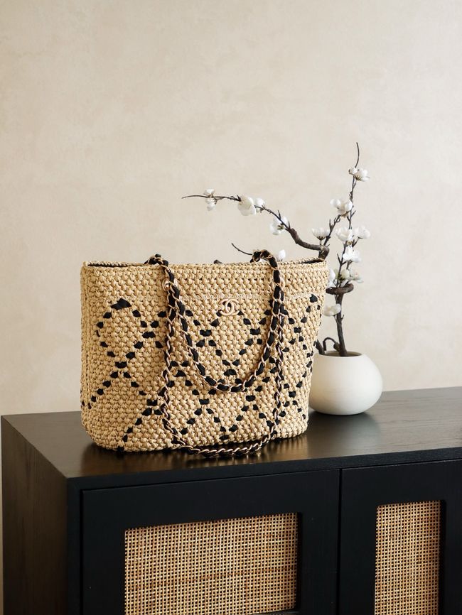 CHANEL Large Braided Straw Shoulder Bag AS5956 Apricot and black