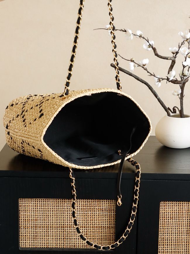 CHANEL Large Braided Straw Shoulder Bag AS5956 Apricot and black CHANEL Large Braided Straw Shoulder Bag AS5956 Apricot and black