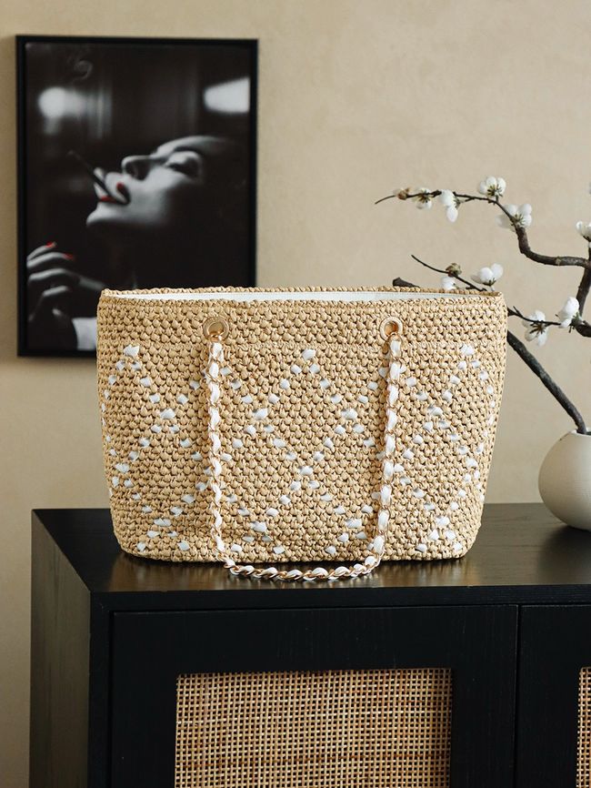 CHANEL Large Braided Straw Shoulder Bag AS5956 Apricot and white CHANEL Large Braided Straw Shoulder Bag AS5956 Apricot and white