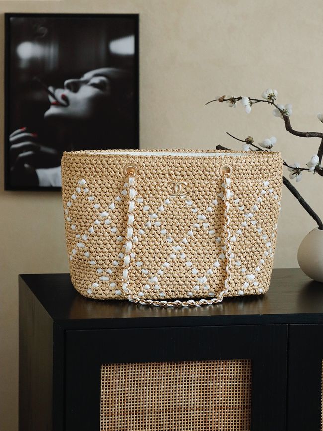 CHANEL Large Braided Straw Shoulder Bag AS5956 Apricot and white