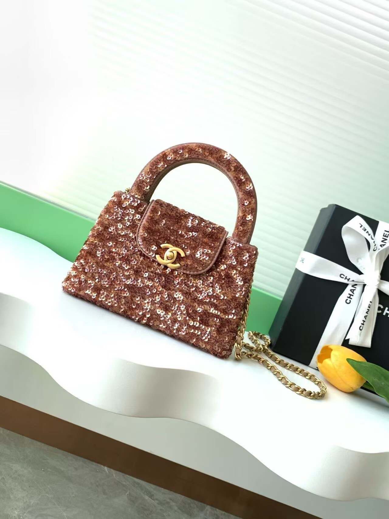 CHANEL Mini Shopping Bag Sequin Kelly Handle Bag AS4416 Brown