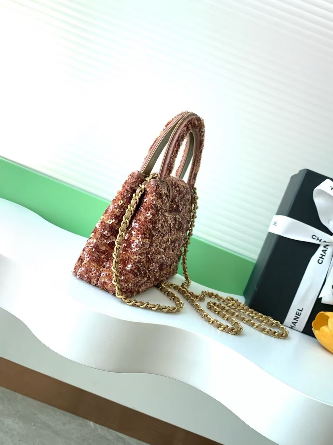 CHANEL Mini Shopping Bag Sequin Kelly Handle Bag AS4416 Brown