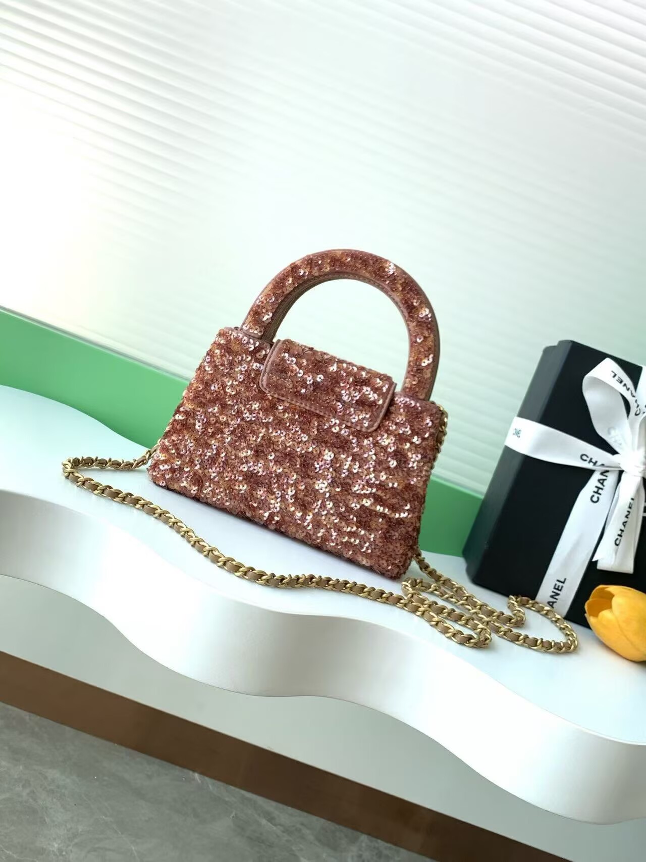 CHANEL Mini Shopping Bag Sequin Kelly Handle Bag AS4416 Brown