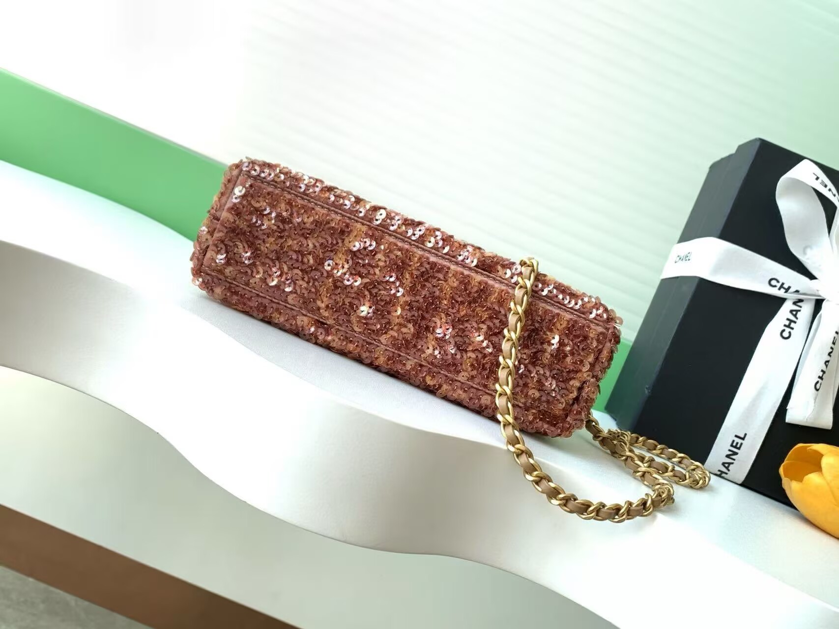 CHANEL Mini Shopping Bag Sequin Kelly Handle Bag AS4416 Brown