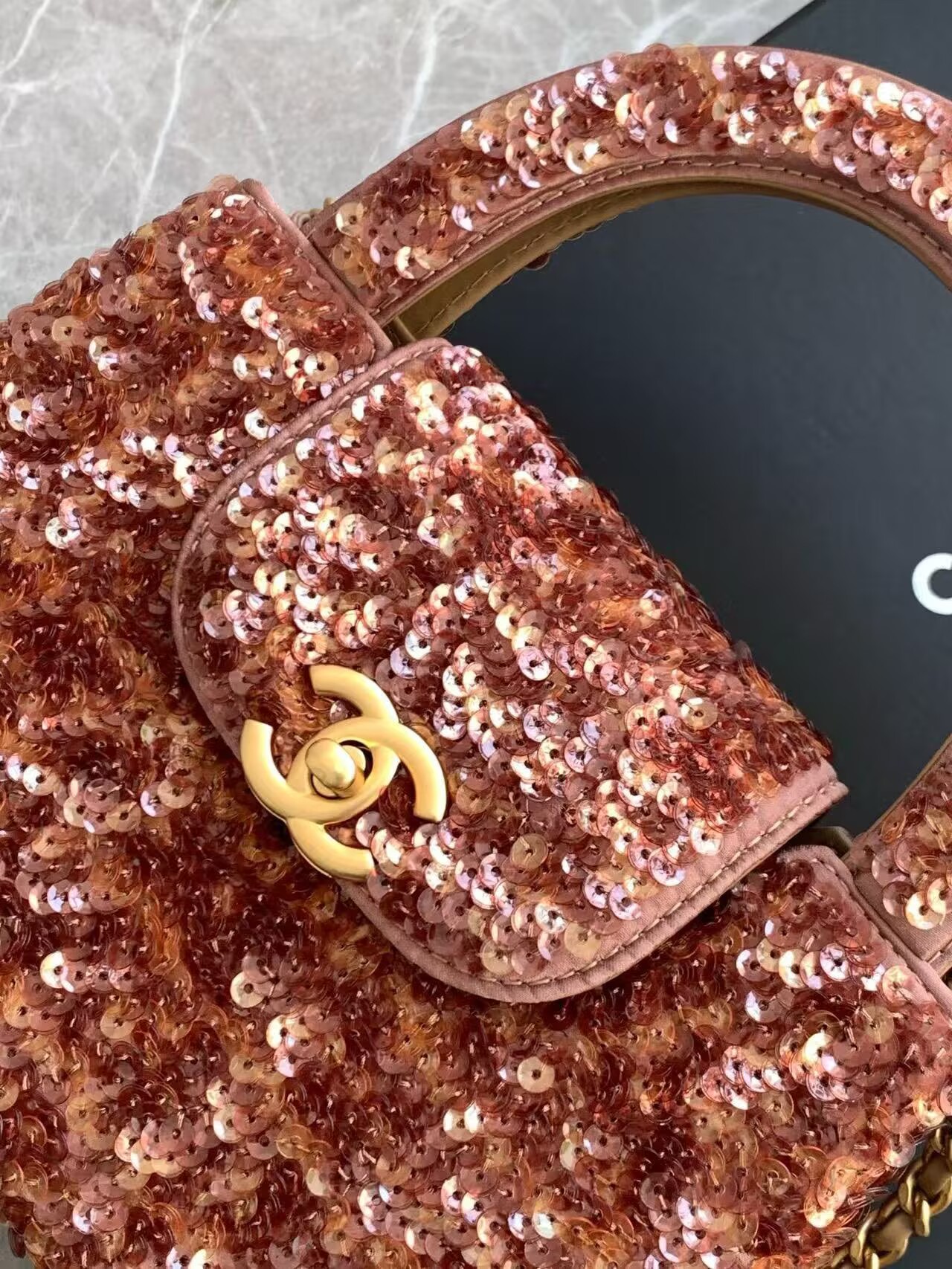 CHANEL Mini Shopping Bag Sequin Kelly Handle Bag AS4416 Brown