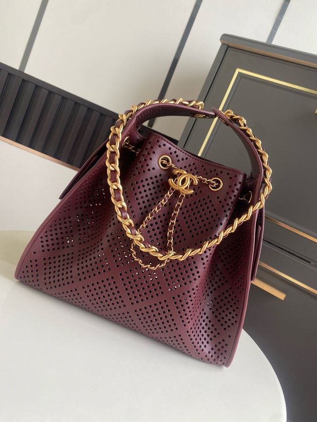 CHANEL 25 Small Handbag Perforated Calfskin AS5293 Burgundy