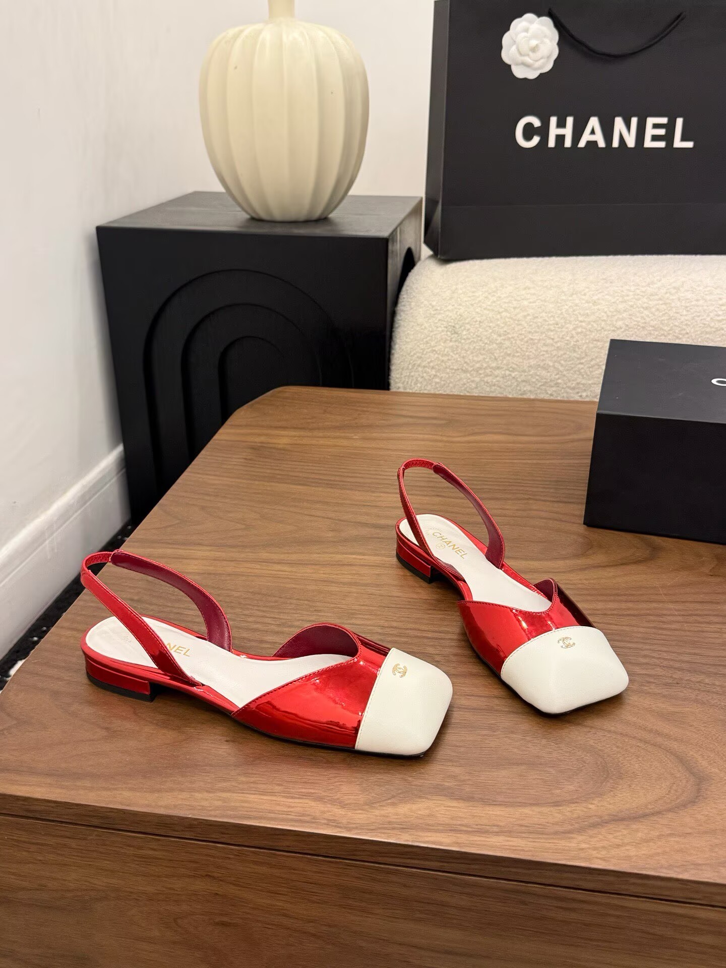 Chanel Pumps Lambskin Flat Shoes G47188 White&Red