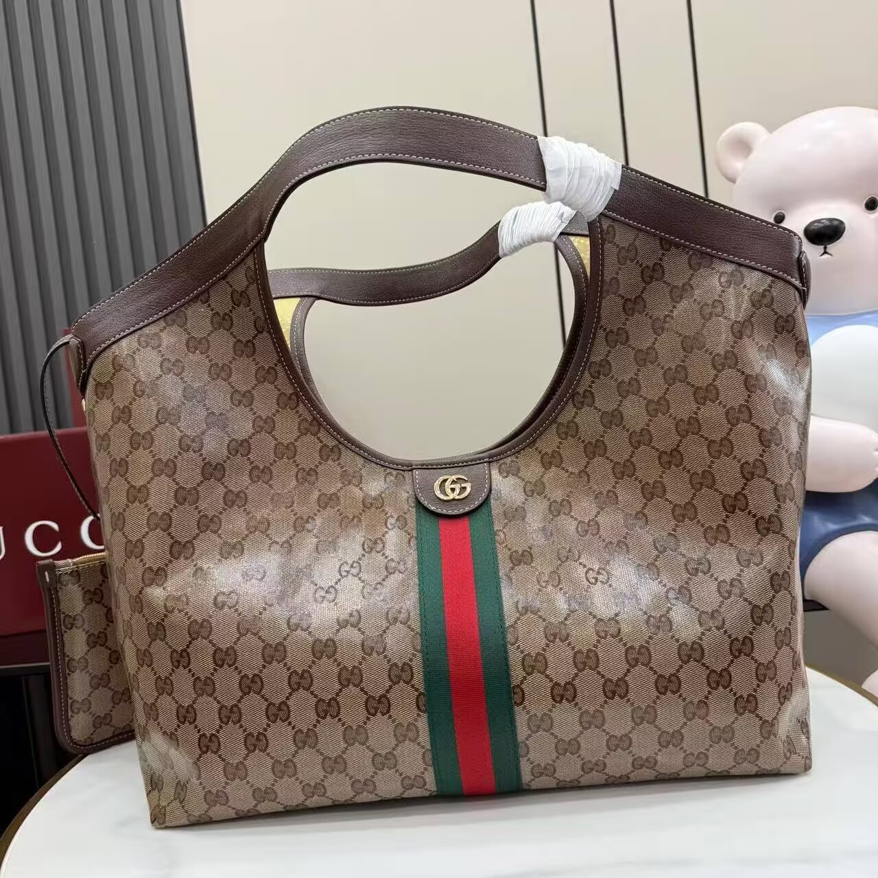 Gucci Giglio Large Canvas & Leather Tote GG Bag 53013 Brown