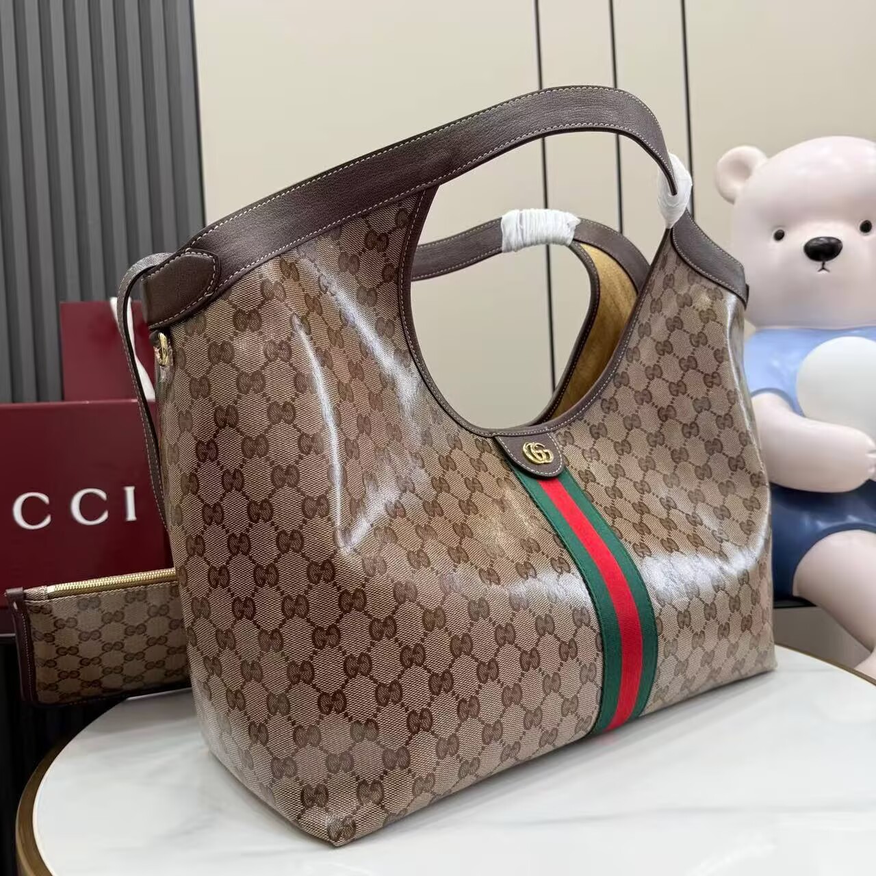 Gucci Giglio Large Canvas & Leather Tote GG Bag 53013 Brown Gucci Giglio Large Canvas & Leather Tote GG Bag 53013 Brown