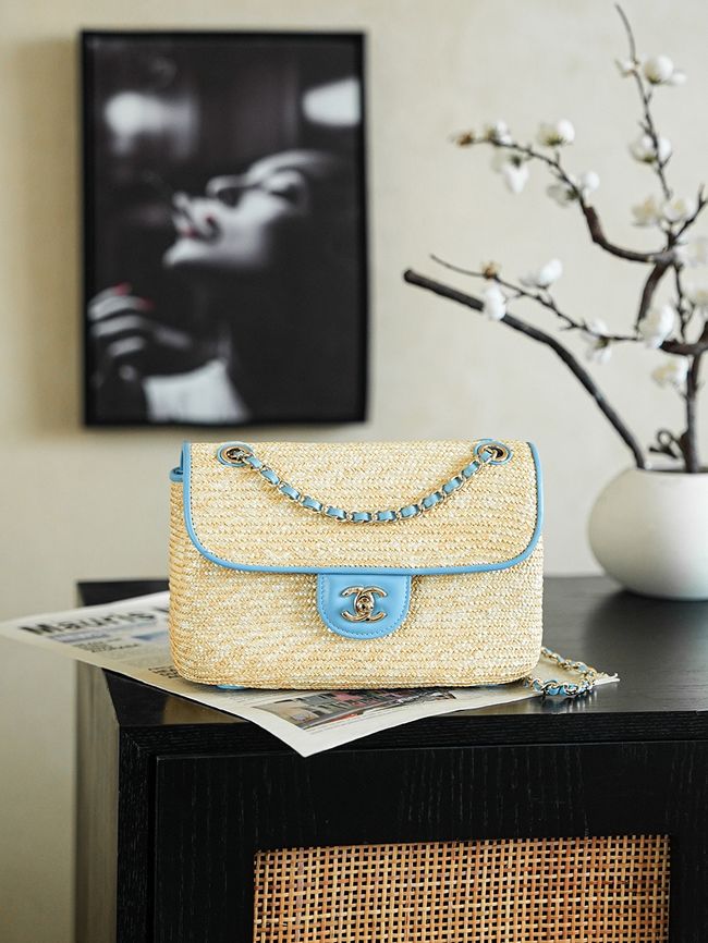 CHANEL Small Flapbag Braided Straw AS6017 blue