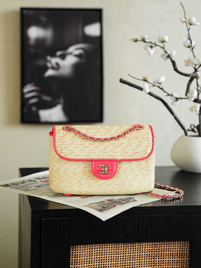 CHANEL Small Flapbag Braided Straw AS6017 red