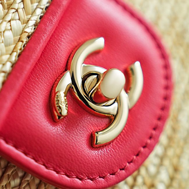 CHANEL Small Flapbag Braided Straw AS6017 red