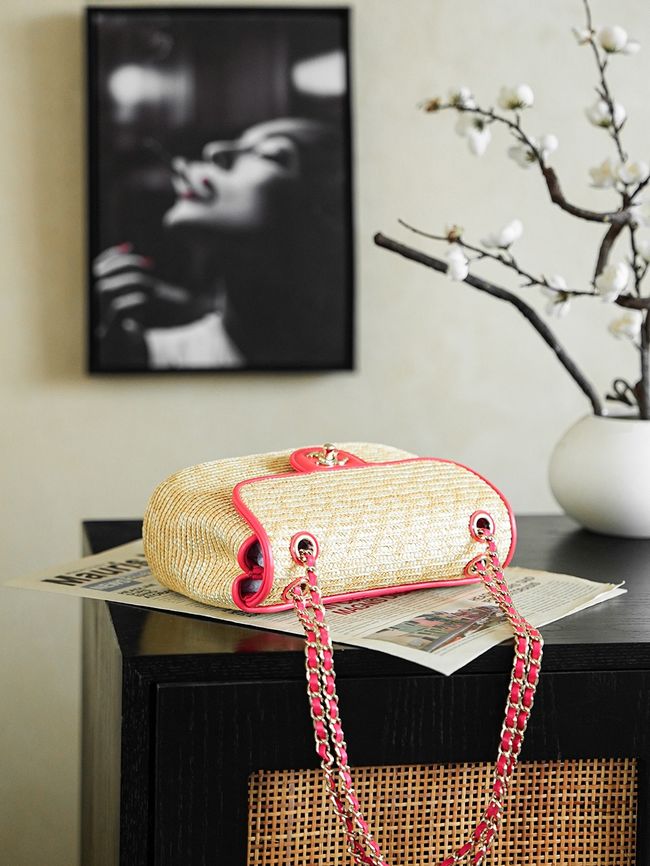 CHANEL Small Flapbag Braided Straw AS6017 red