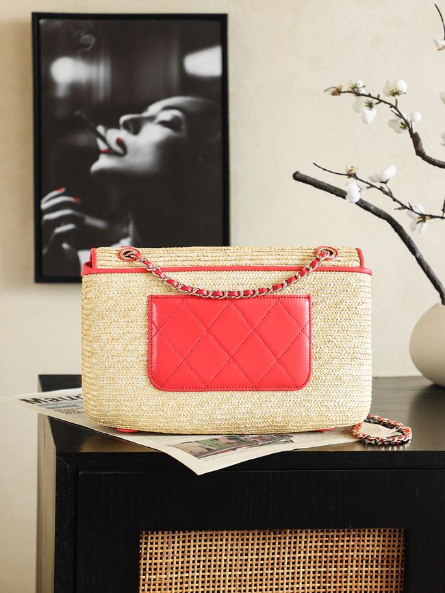 CHANEL medium Flapbag Braided Straw 66992 red CHANEL medium Flapbag Braided Straw 66992 red