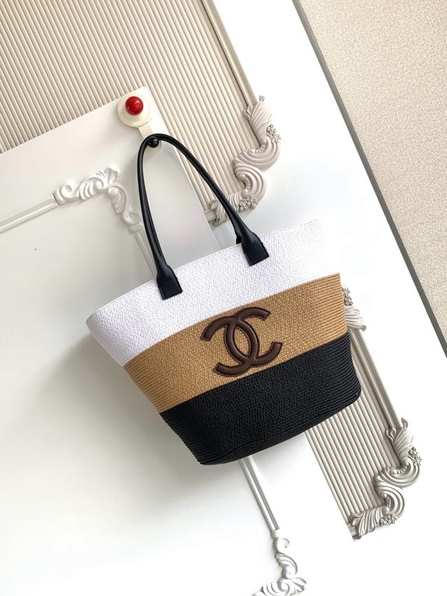 CHANEL Maxi Shopping Bag AS6148 White& Dark Beige & Black