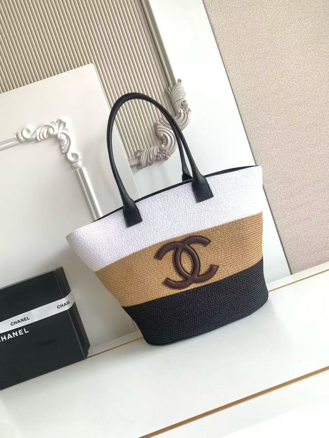 CHANEL Maxi Shopping Bag AS6148 White& Dark Beige & Black