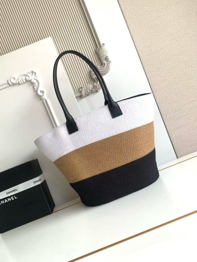 CHANEL Maxi Shopping Bag AS6148 White& Dark Beige & Black