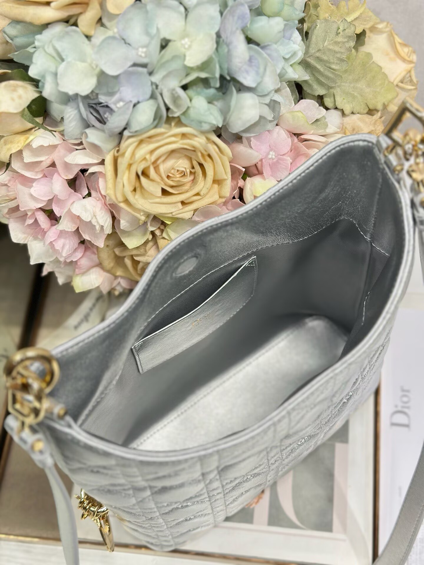 DIOR Original Leather Tote Handbag 1538 Silver