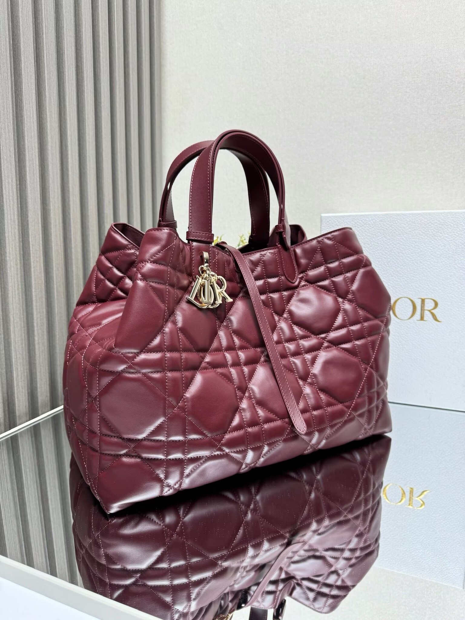 LARGE DIOR TOUJOURS BAG Latte Macrocannage Calfskin M6233 Wine