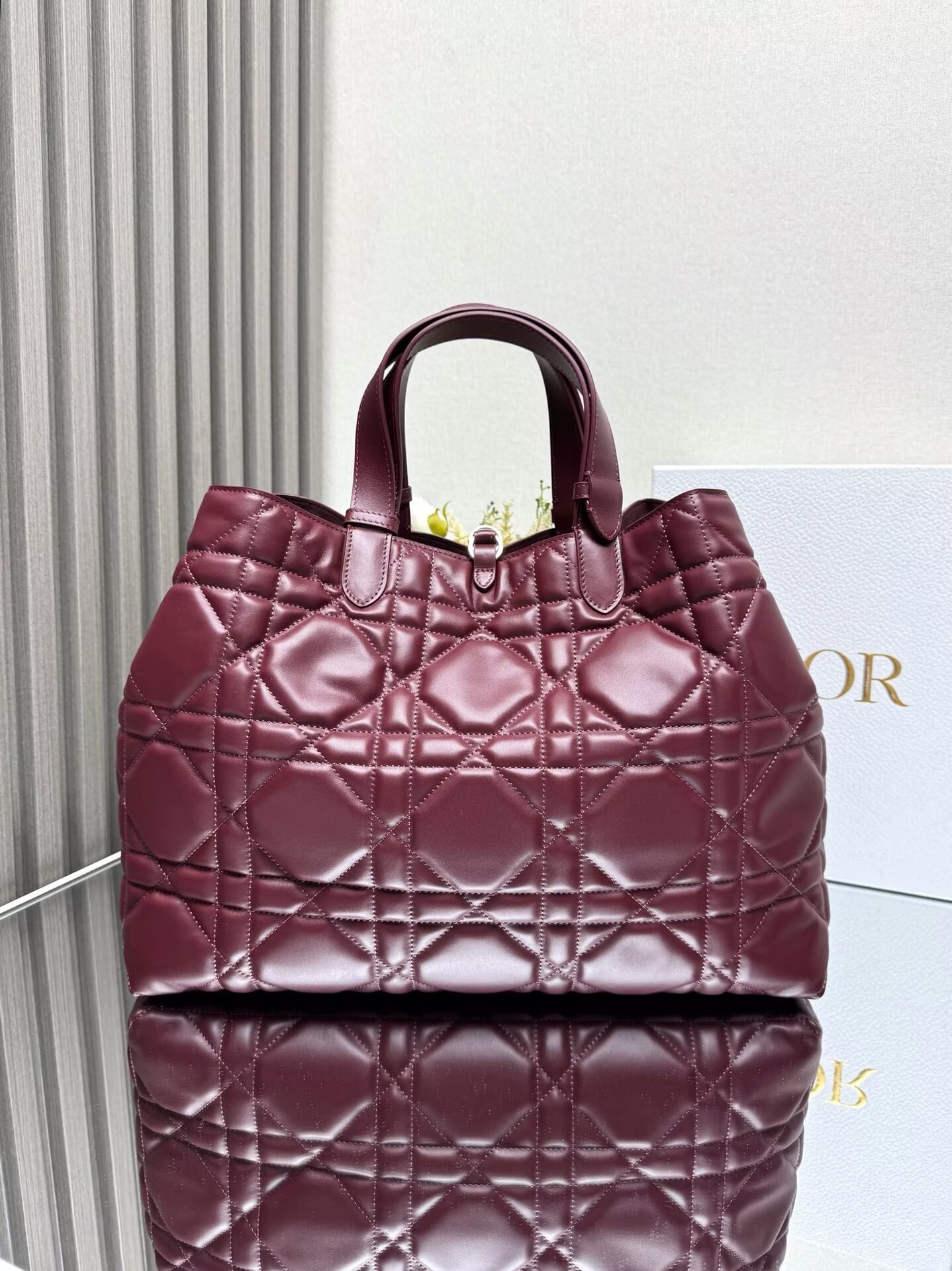 LARGE DIOR TOUJOURS BAG Latte Macrocannage Calfskin M6233 Wine