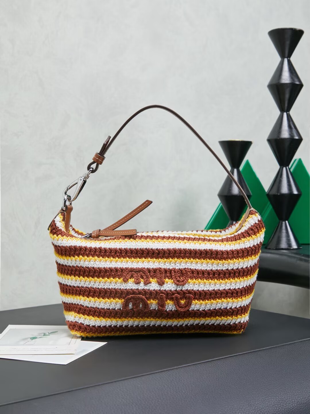 Miumiu Rainbow Weaving Top handle bag 5NE841 Brown&Yellow&White Fabric