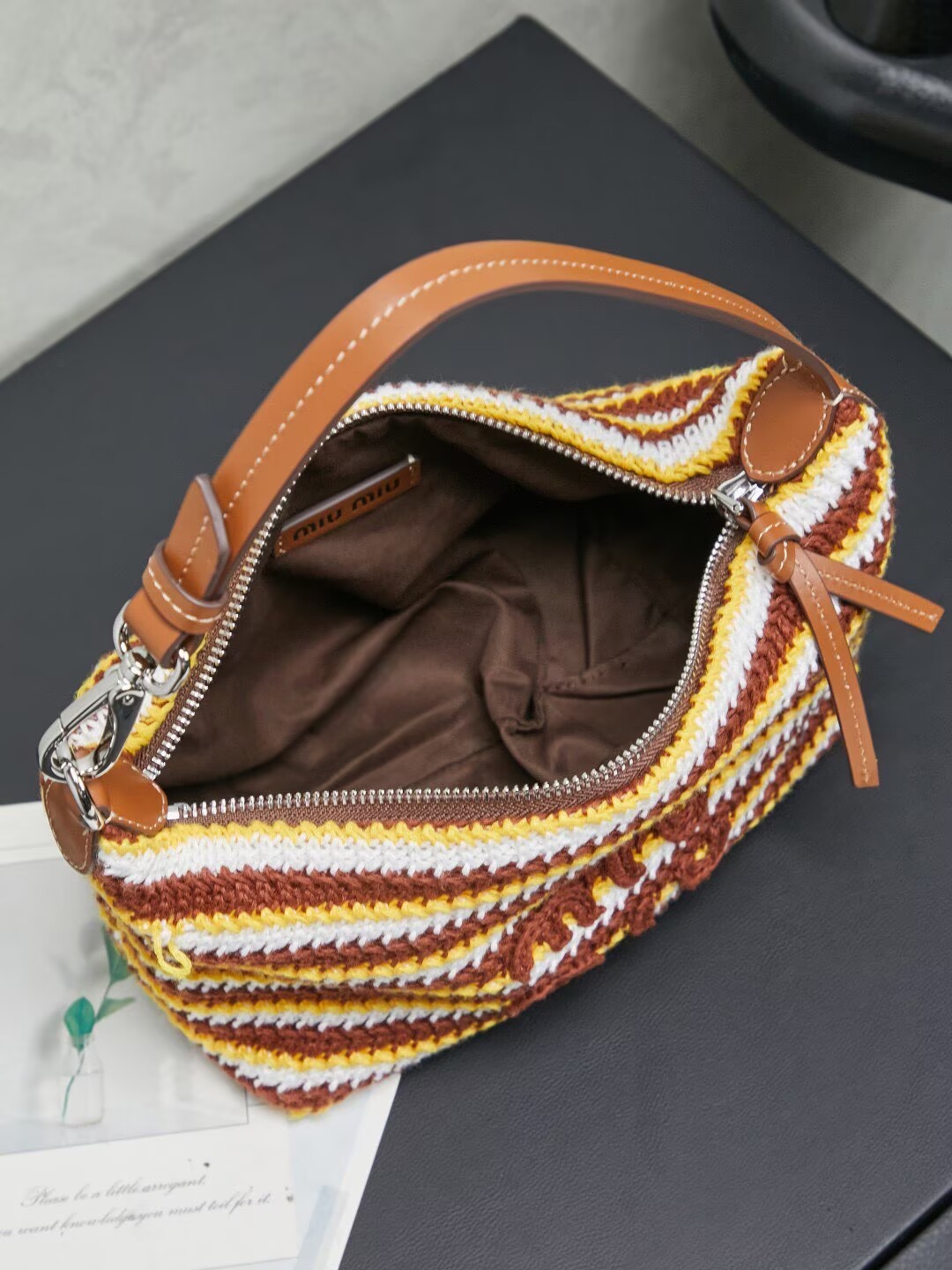 Miumiu Rainbow Weaving Top handle bag 5NE841 Brown&Yellow&White Fabric Miumiu Rainbow Weaving Top handle bag 5NE841 Brown&Yellow&White Fabric