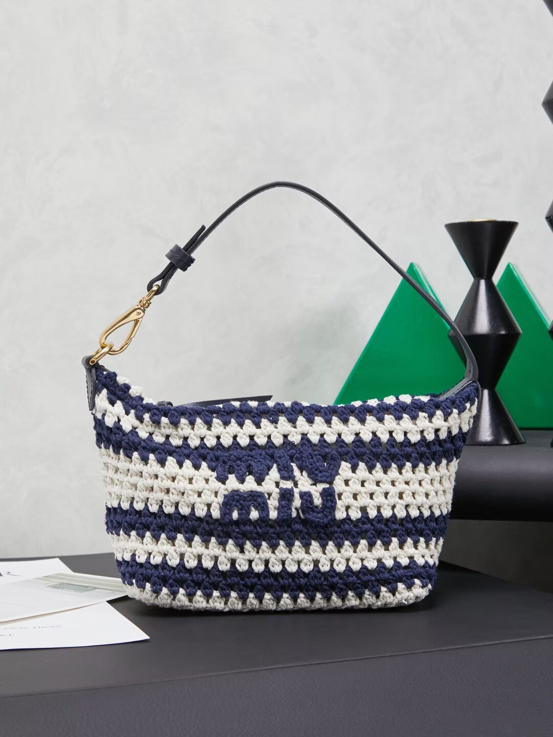 Miumiu Rainbow Weaving Top handle bag 5NE841 Navy&White Fabric